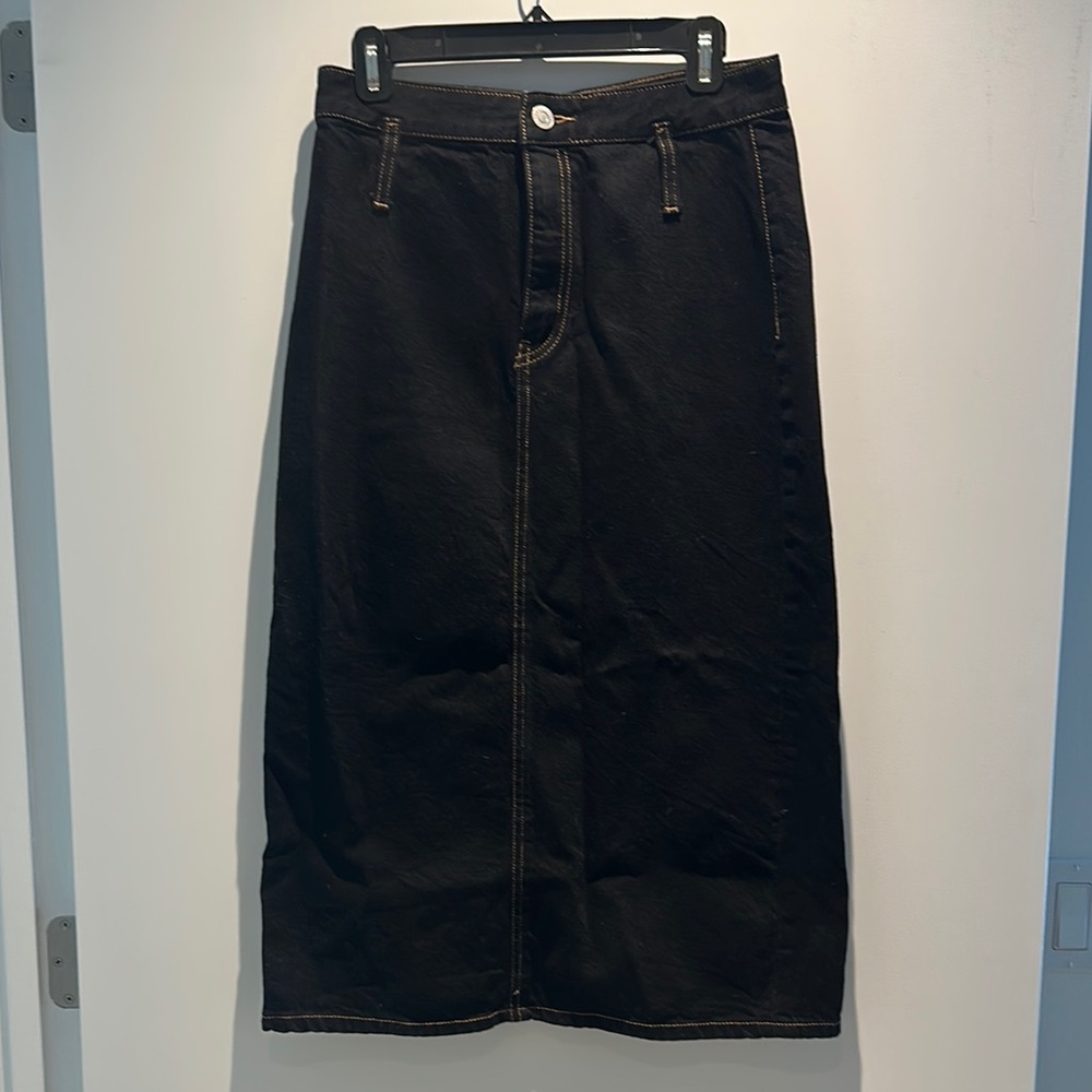 Mid Black Denim Skirt with Open Slit at Back